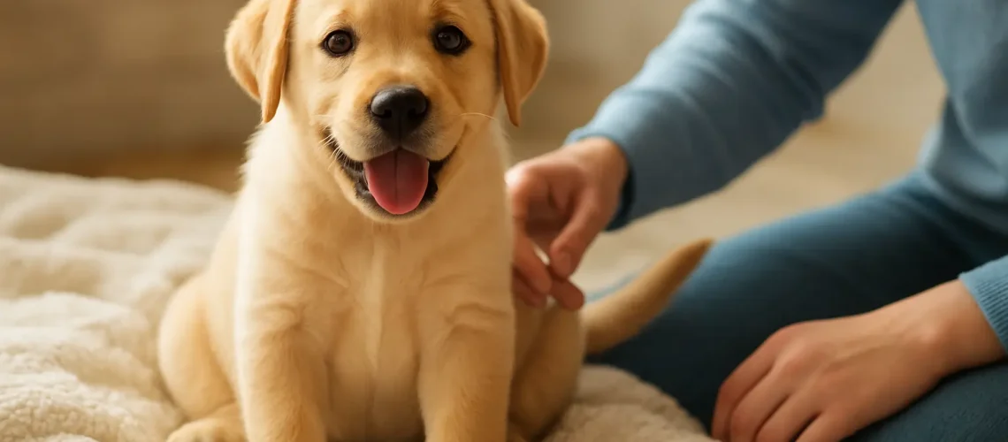 adorable-golden-retriever-getting-a-puppy-sitting-with-its-owner-at-home