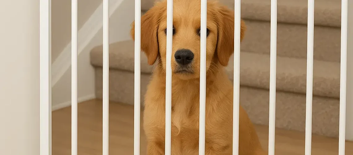 best-rated-baby-gate-for-dogs-installed-with-a-happy-puppy-nearby