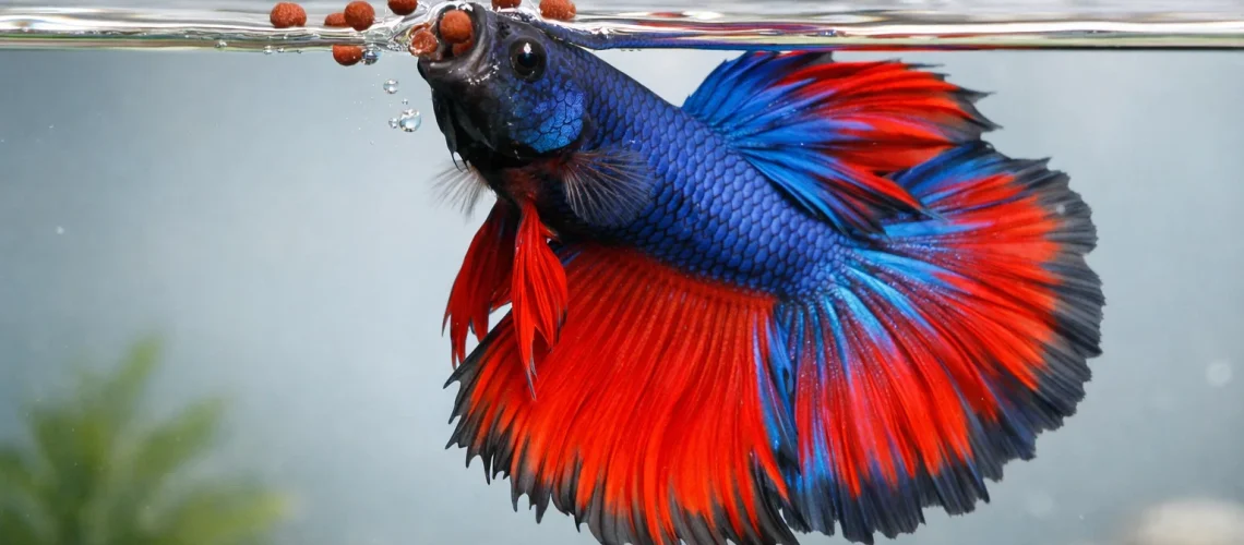 Betta fish eating floating pellets at the water surface