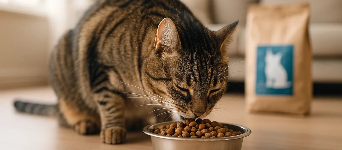 Tabby cat eating dry cat food
