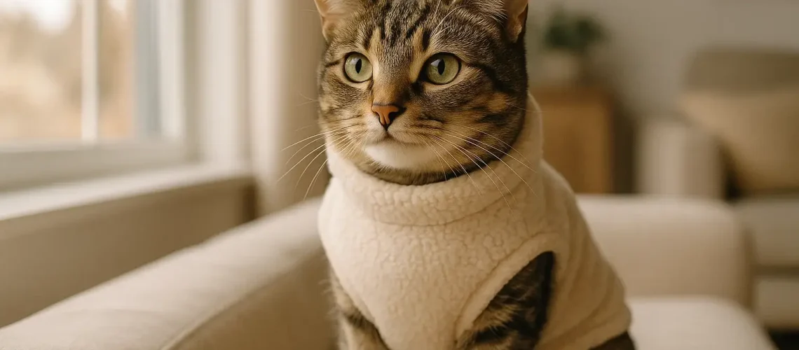 Short-haired cat wearing cozy sweater