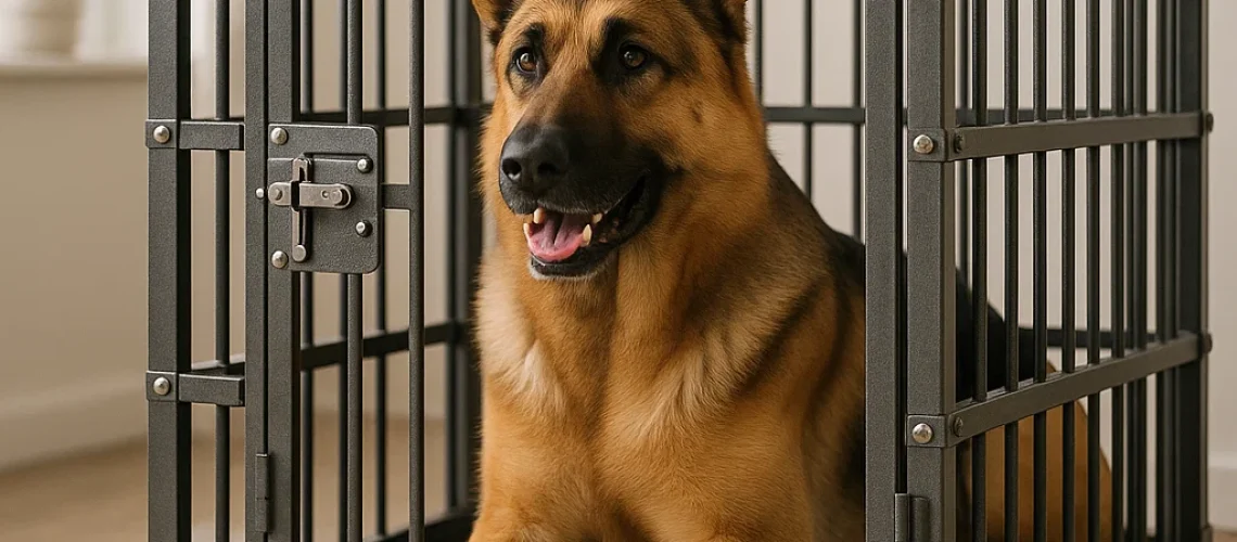 German Shepherd relaxing in a reinforced metal crate, highlighting strength and durability.