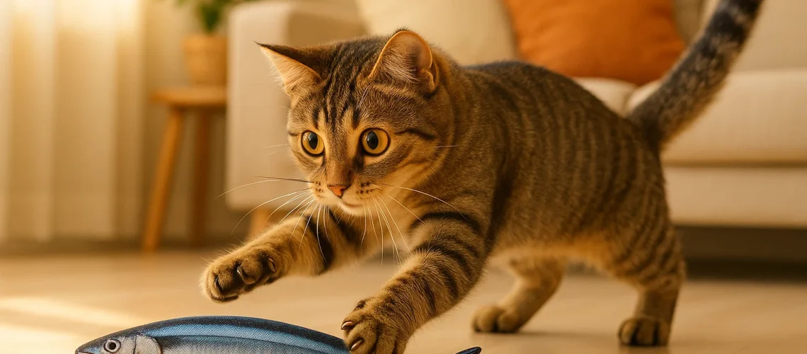 playful cat with fish toy