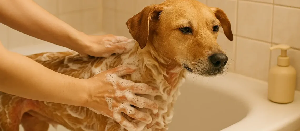 Dog getting oatmeal bath for itchy skin