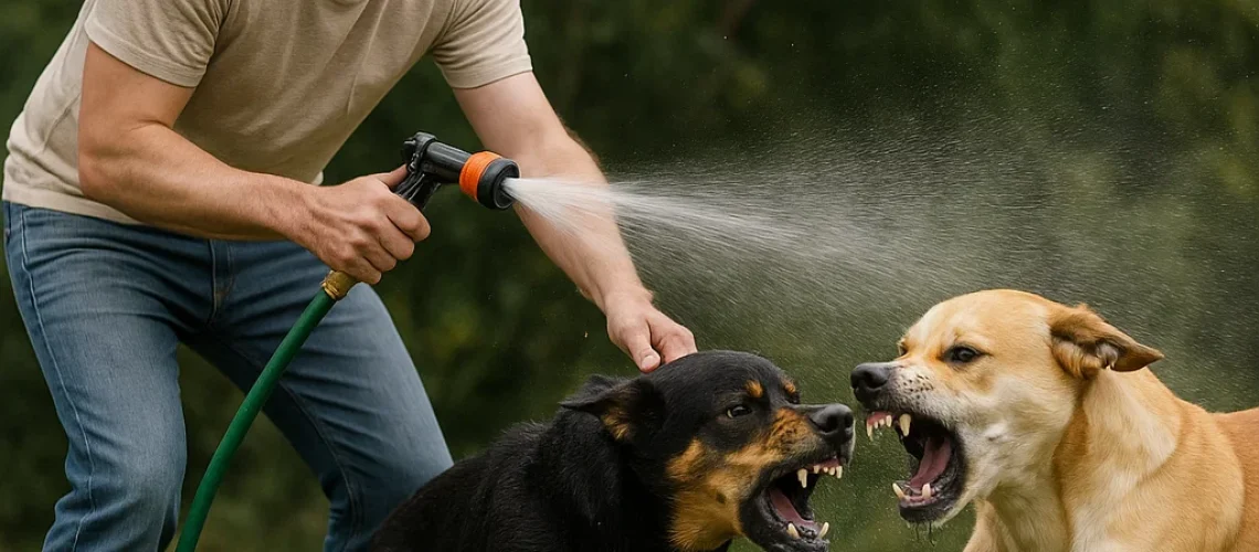 owner using water hose on fighting dogs